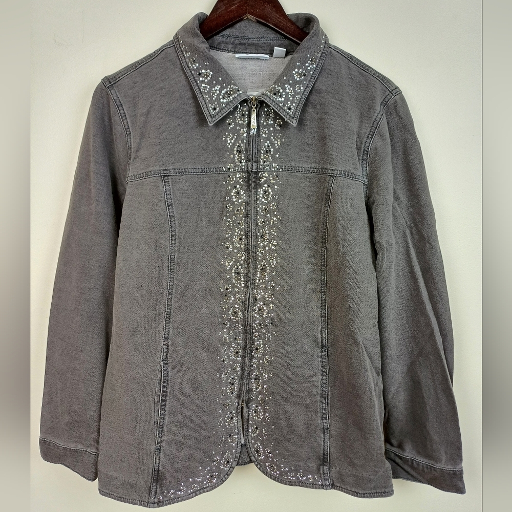 NWT Quacker Factory Dream Jeannes Denim Jean Jacket Grey Large A236000